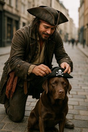 A pirate in the streets of York putting a pirate hat on a chocolate labrador