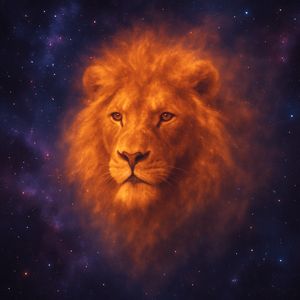 An ethereal orange lions head, set on a purple nebula background